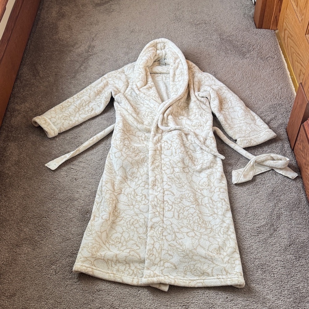 Anne Lewin New York Plush Fleece Hooded Robe Floral Print Belted SIZE M